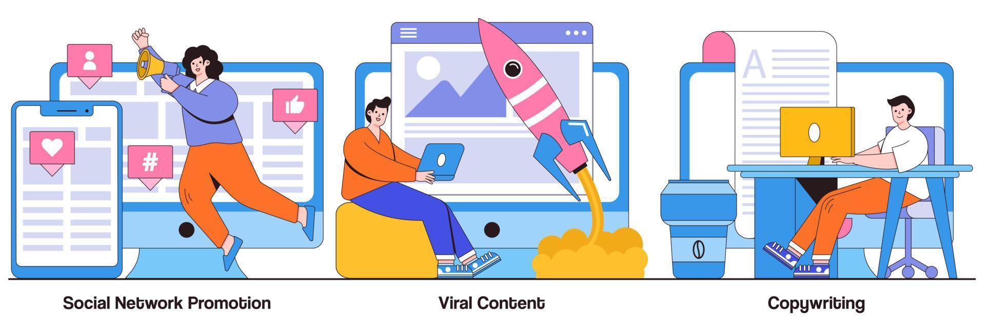 promoción de redes sociales, contenido viral, concepto de redacción con carácter de personas. conjunto de ilustraciones vectoriales abstractas de tipos de marketing digital. smm, metáfora de publicidad en línea influyente vector