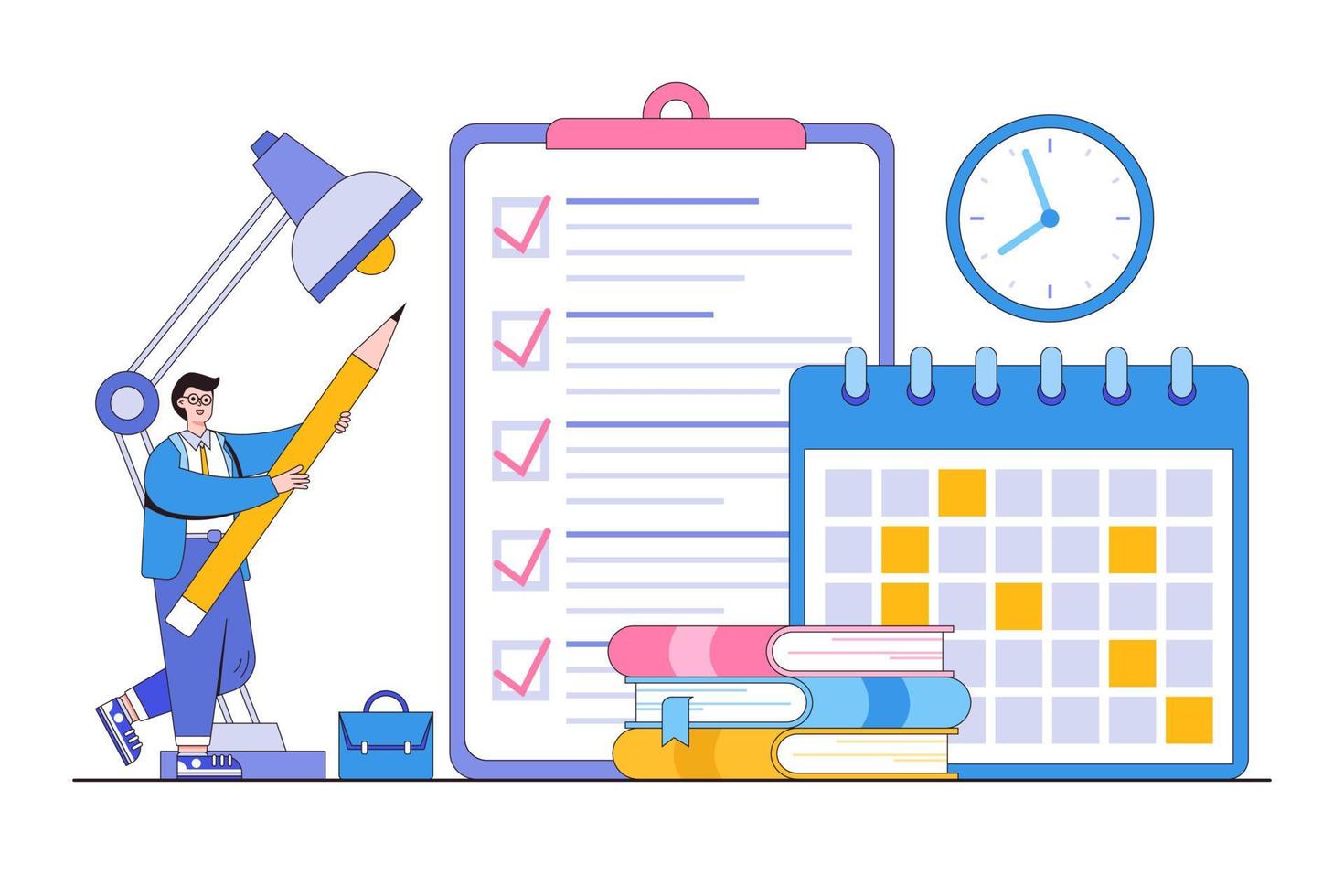 Project tracking, time management, goal tracker, task completion, or checklist to remember project progress concepts. Businessman put marks into check boxes and filling checklist on huge clipboard vector