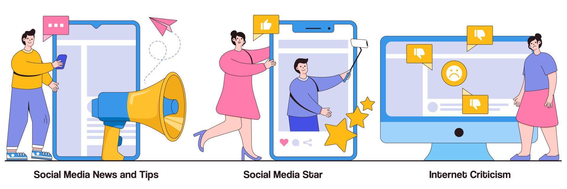 Social media news and tips, social media star, internet criticism concept with tiny people. Set of digital content, influencer, personal blog, hate speech, comments and share, fake profile vector