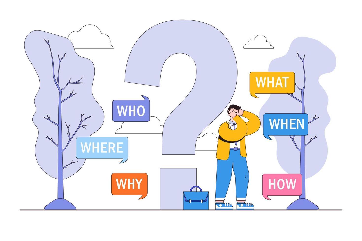 5W1H asking questions to find solution, thinking process or a business study to generate a new idea concepts. Confused businessman on large question mark with who what where when why and how vector