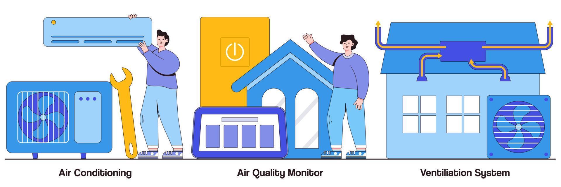 Air conditioning, air quality monitor, ventilation system concept with people character. Indoor weather and climate control technology vector illustration set. Cooling and heating appliance metaphor