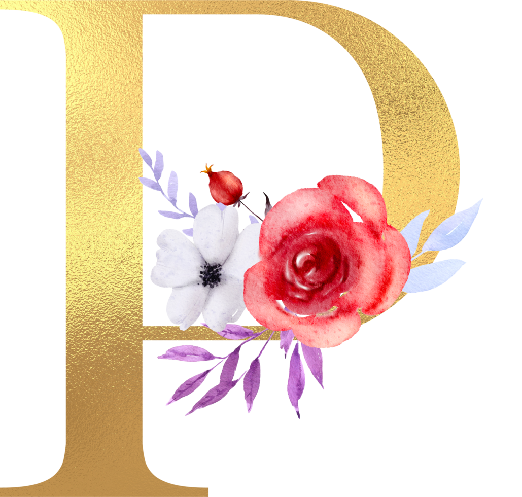 Watercolor Flowers with Gold Alphabet png