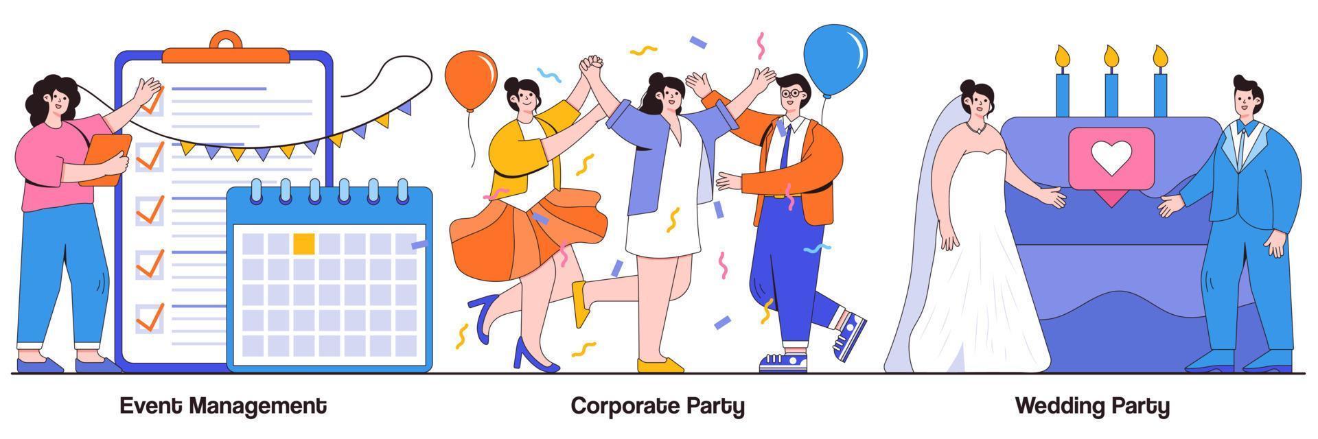 Event management, corporate and wedding party concept with people character. Entertainment service vector illustration set. Meeting organizer, planning service, team building, celebration metaphor