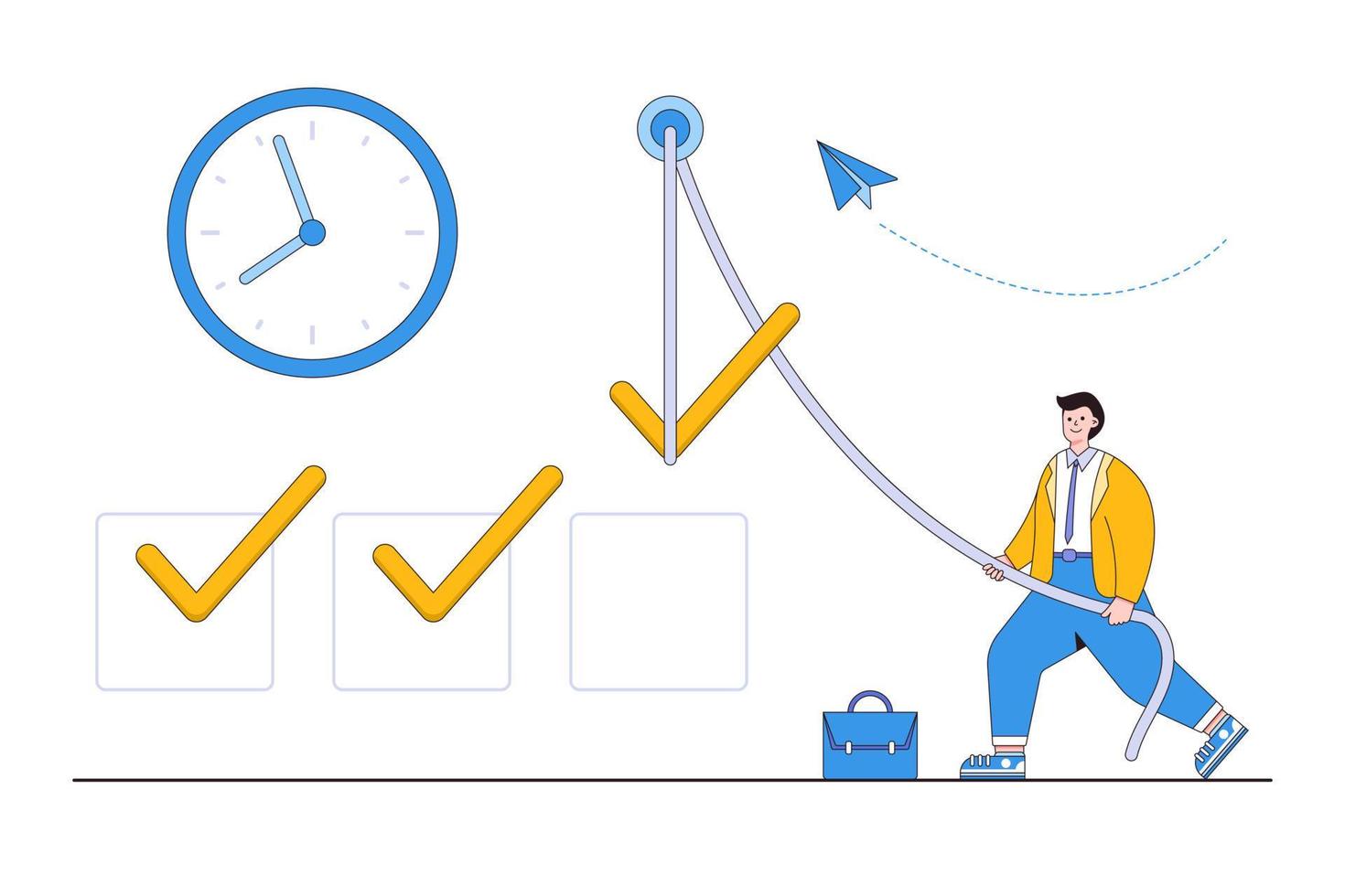 recordatorio de tareas o lista de tareas para profesionales de negocios, lograr objetivos, logros de trabajo, herramientas de gestión de proyectos para rastrear conceptos de actividades completadas. el hombre de negocios puso una marca en la casilla de verificación usando una cuerda vector