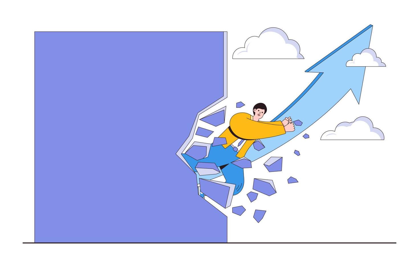 Overcoming business difficulty, struggle with career obstacle, limitation, trap, or challenge to achieve success concepts. Strong businessman try with full effort to break the wall to growing in work vector