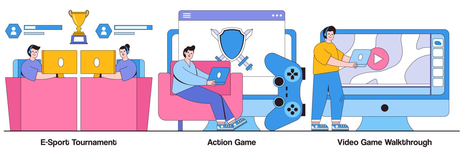 E-Sport Tournament, Action Game, Video Game Walkthrough with People Characters Illustrations Pack vector