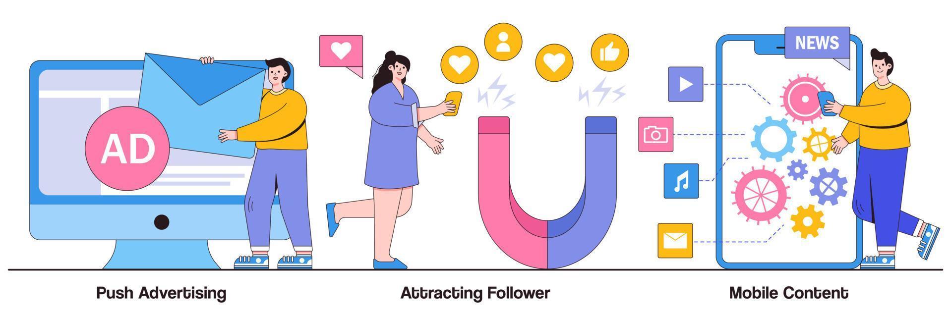 Push advertising, attracting follower, mobile content concept with people character. Social media blogger earnings abstract vector illustration set. Ad revenue, network page promotion ways metaphor