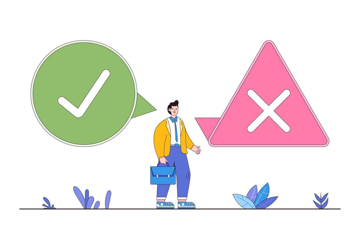 List do and don't, true and false, accept and rejected for evaluation business, approved and not, rules guide with good and bad concepts. Businessman with speech bubble check or cross signs symbols vector