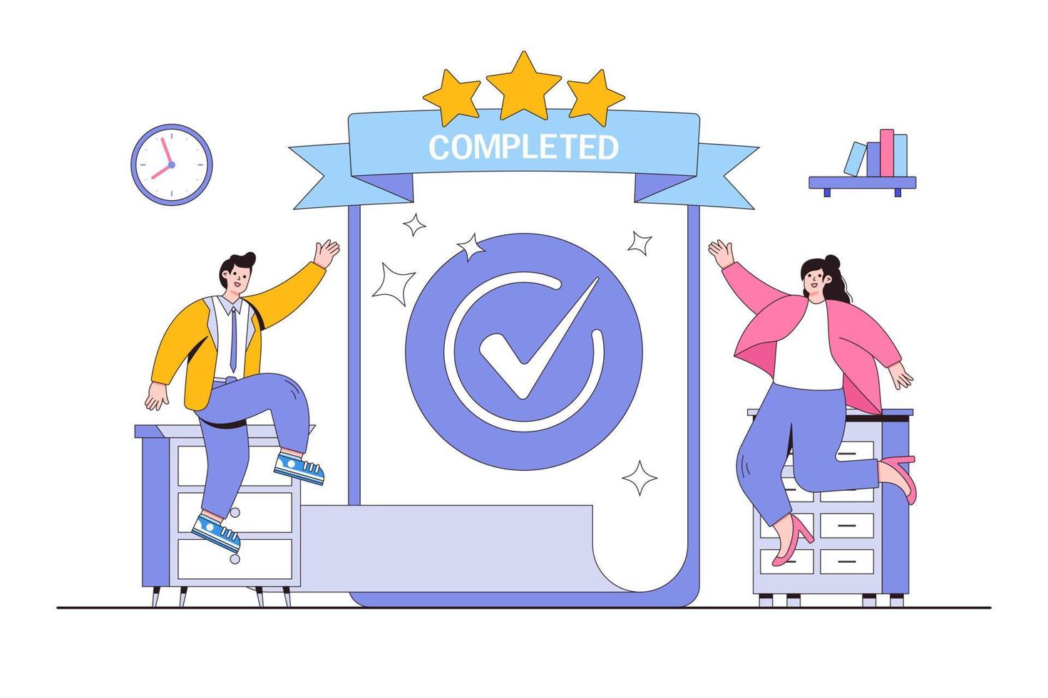 Checklist for task completion, accomplishment done, success or achievement checkbox, and job completion concepts. Happy businesspeople celebrate completed checkmark after finish responsible project vector