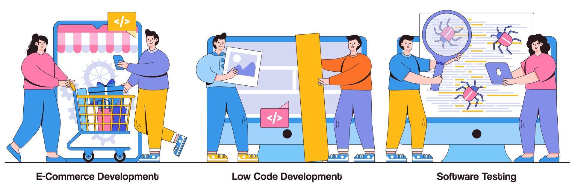 E-commerce development, low code development, IT software testing concept with tiny people. Application software vector illustration set. Online shopping app coding, QA team, bug fixing metaphor