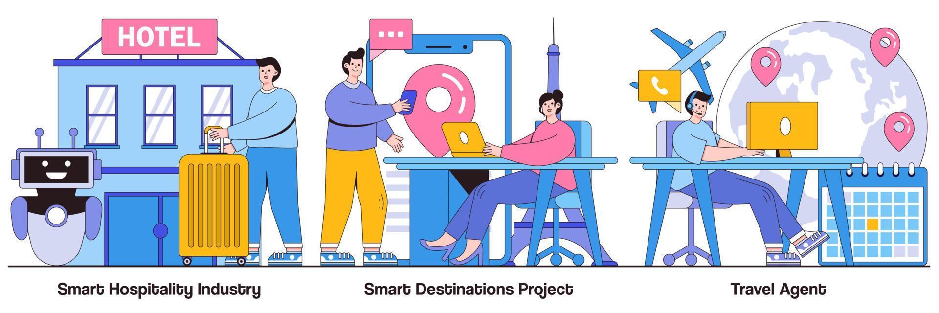 Smart Hospitality Industry, Smart Destinations Project, Travel Agent Service with People Characters Illustrations Pack vector