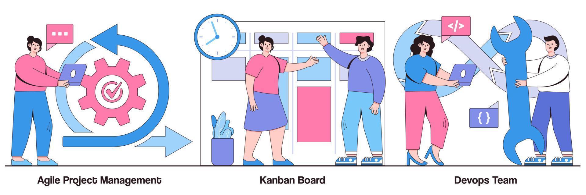 Agile project management, kanban board, devOps team concept with tiny people. Software development company vector illustration set. Scrum meeting, project life cycle, stakeholder, testing metaphor