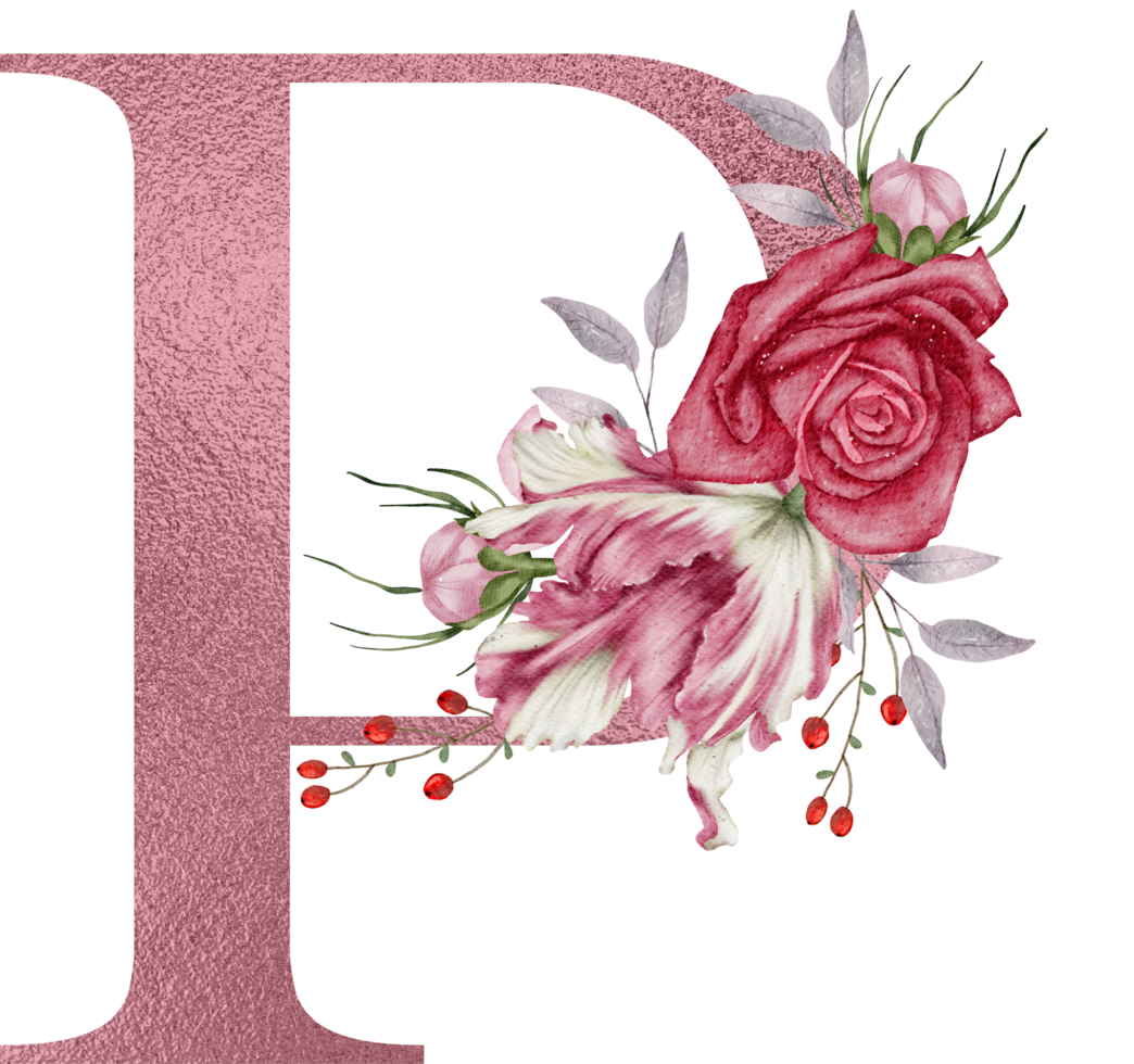 Watercolor Flowers with Rose Gold Alphabet png