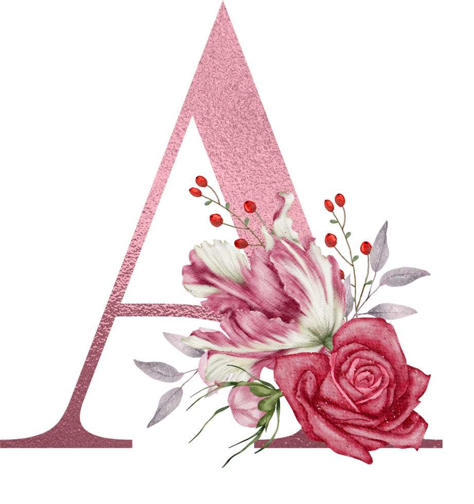 Watercolor Flowers with Rose Gold Alphabet png