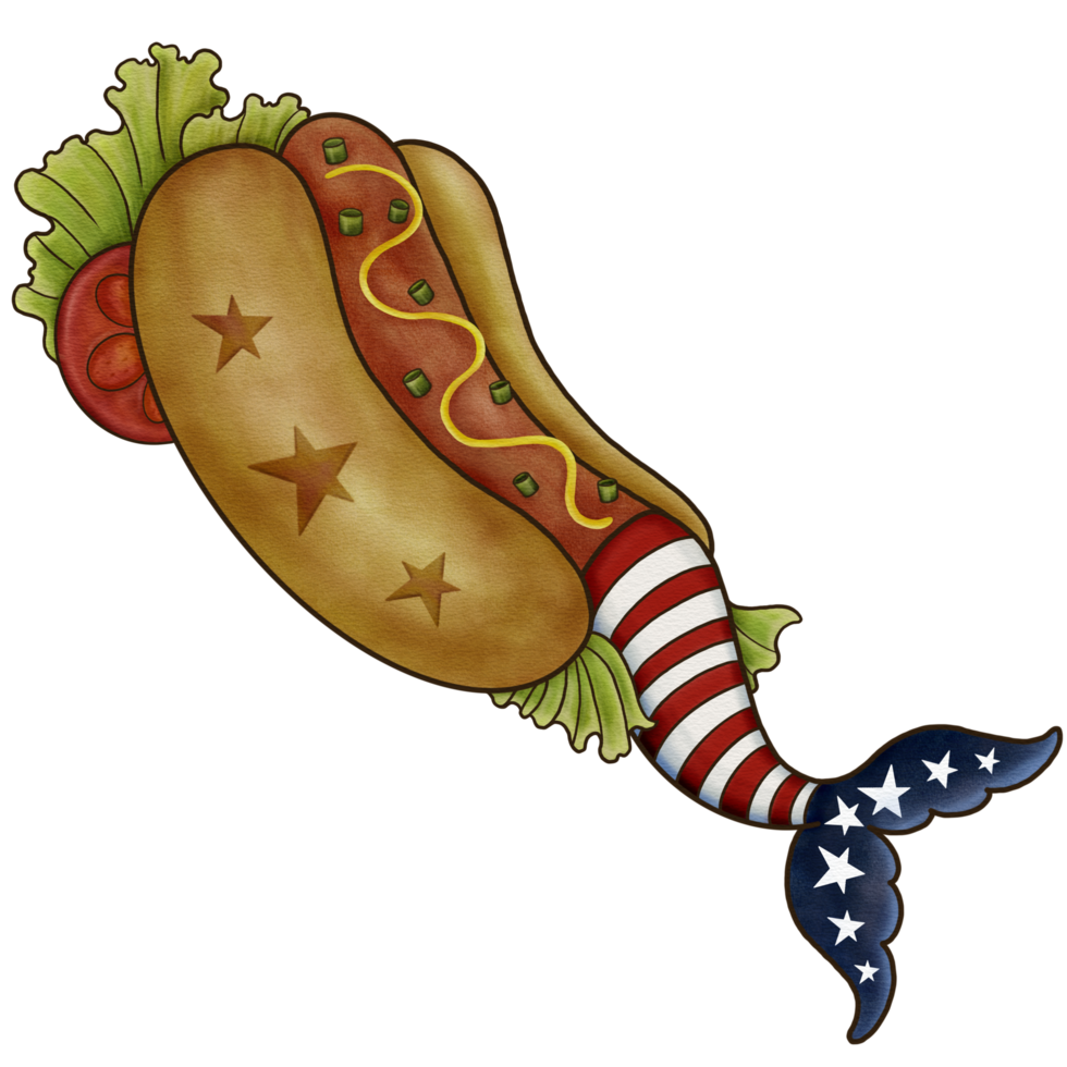 Illustration of a Hot Dog with a Mermaid in Watercolor png