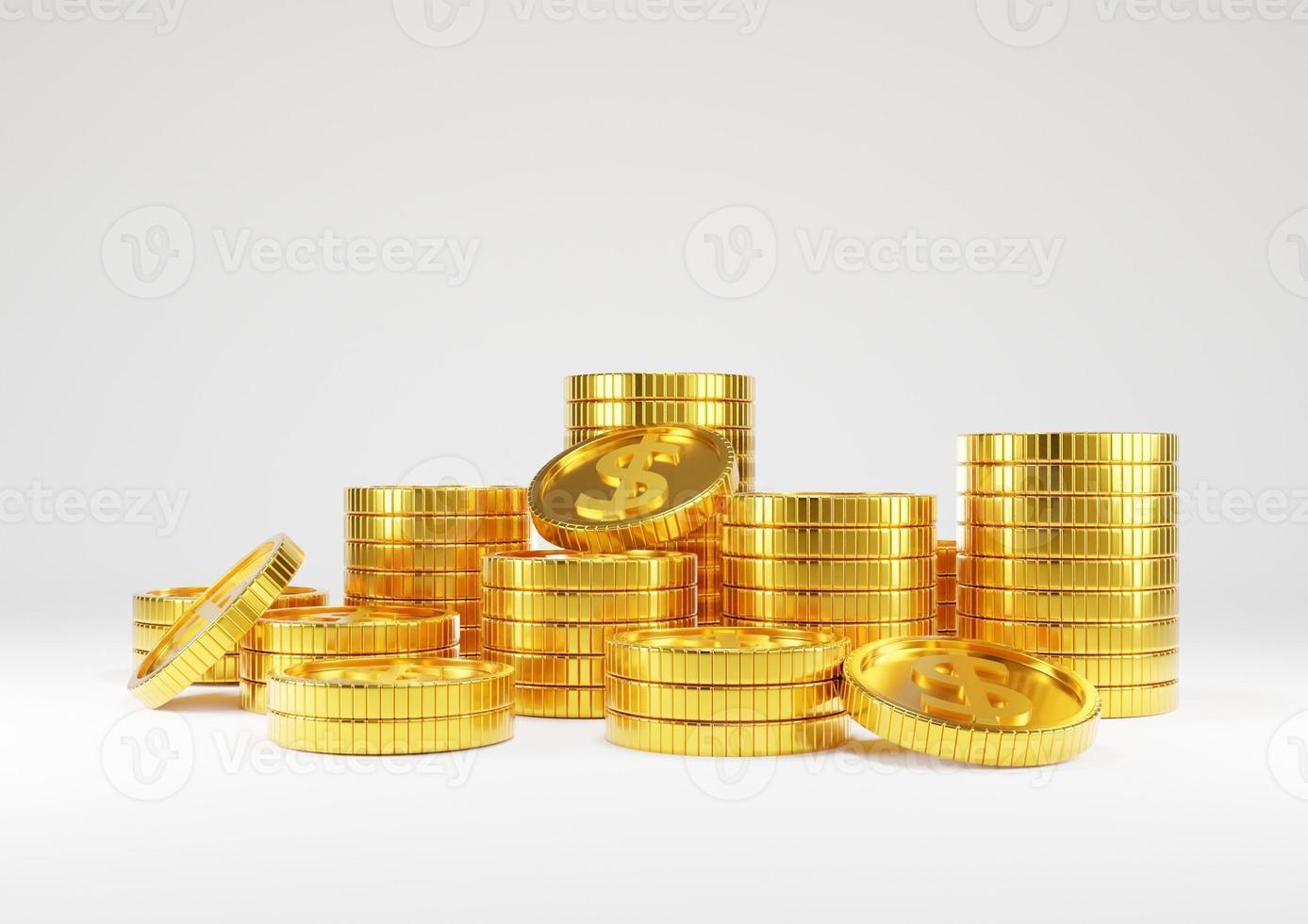 Stack of gold coins on white background with earning profit concept. Gold coins or currency of business. 3D rendering. photo