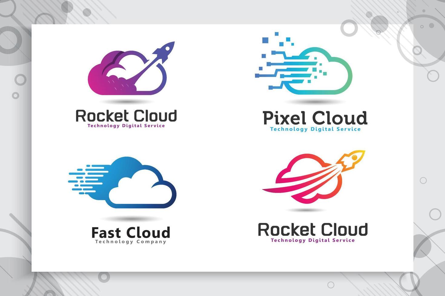 establecer una colección de logotipos vectoriales de nubes de cohetes con un estilo colorido y sencillo, ilustración de nubes y cohetes como símbolo de la empresa de tecnología digital. vector