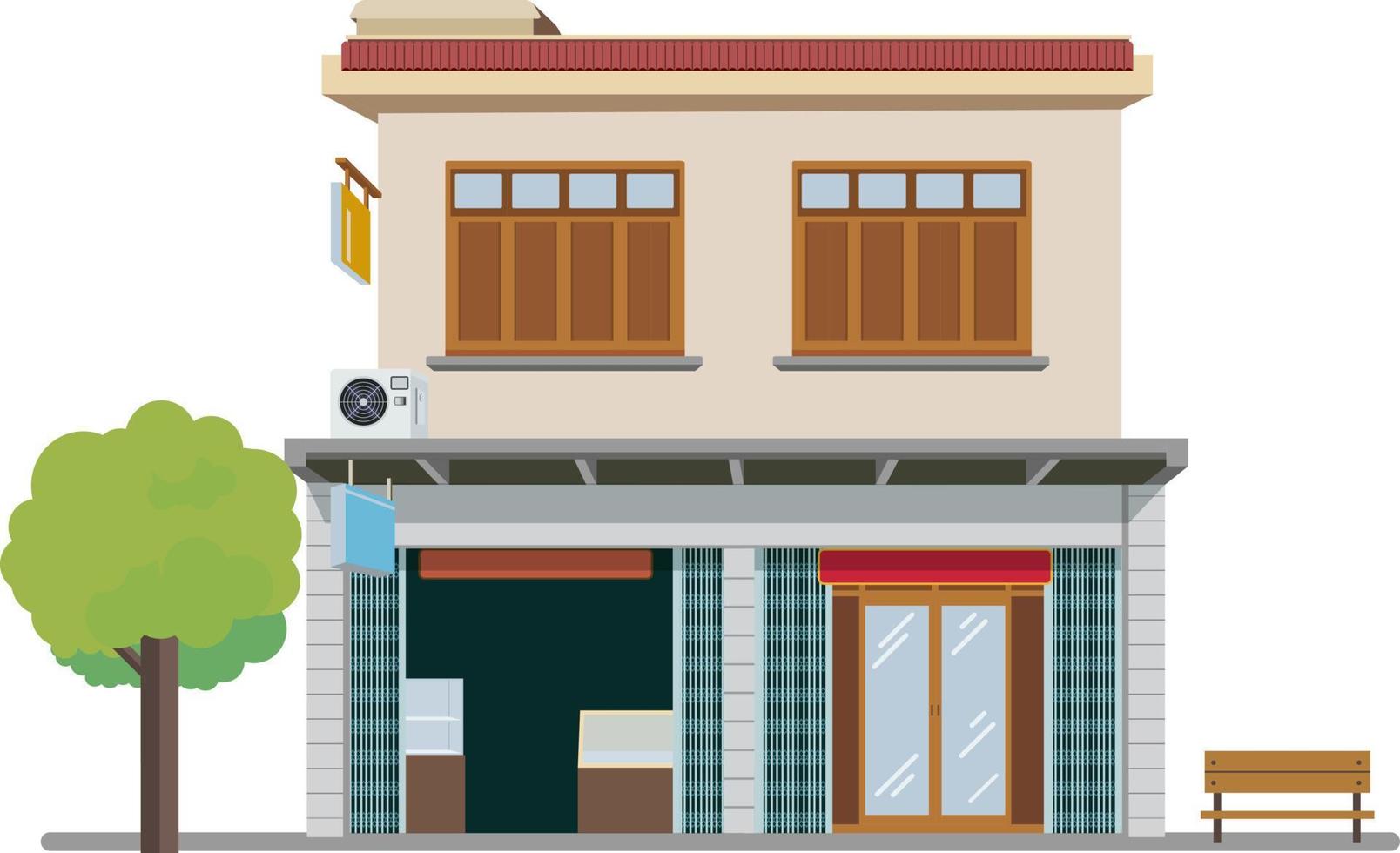 Vintage building Thai vector illustration.Facade shopping and street road.Bangkok city Home style .Flat old house design.Commercial building urban