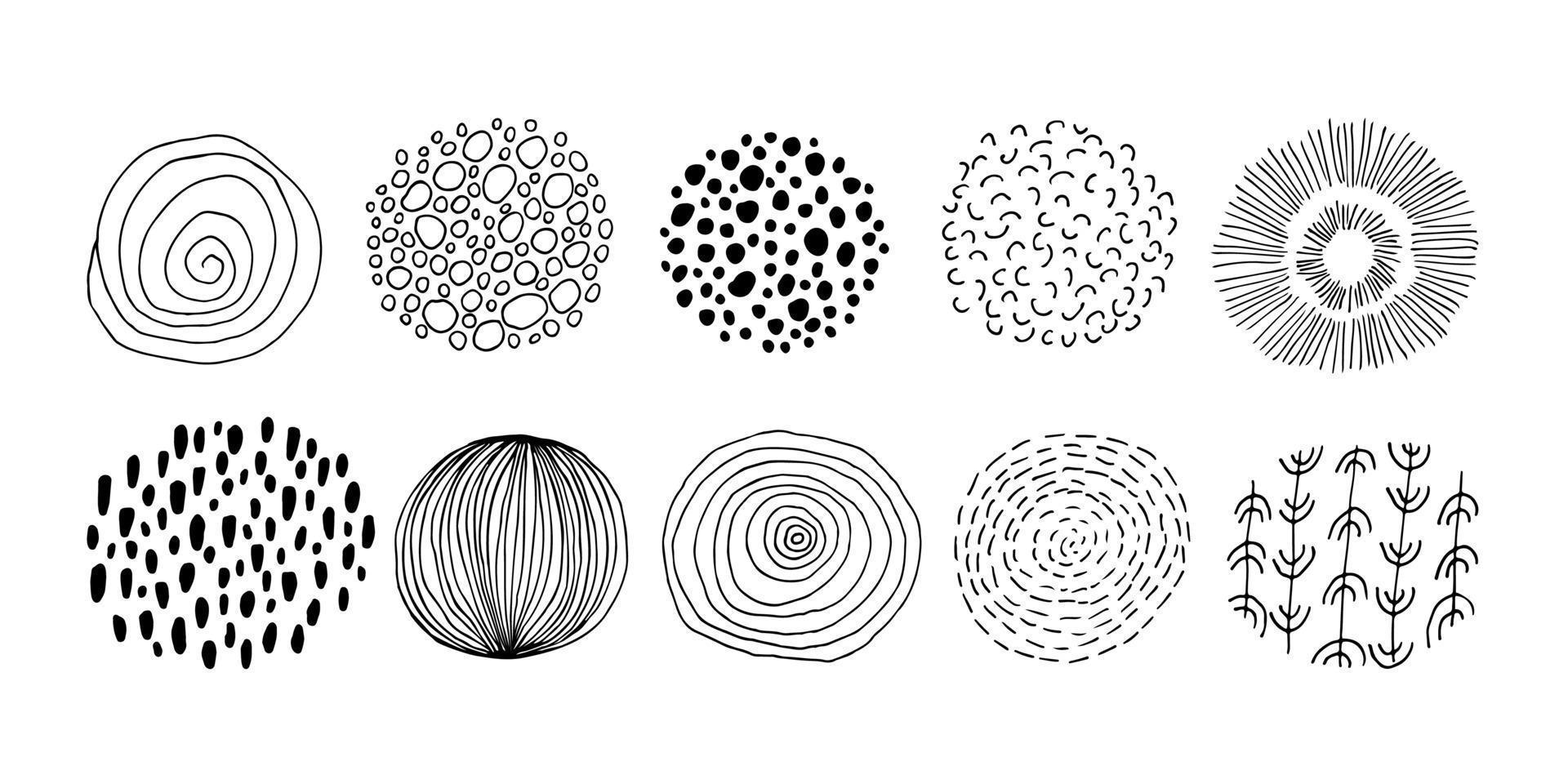 Set of round Abstract black Backgrounds or Patterns. Hand drawn doodle shapes. Spots, drops, curves, Lines. Contemporary modern trendy Vector illustration. Posters, Social media Icons templates