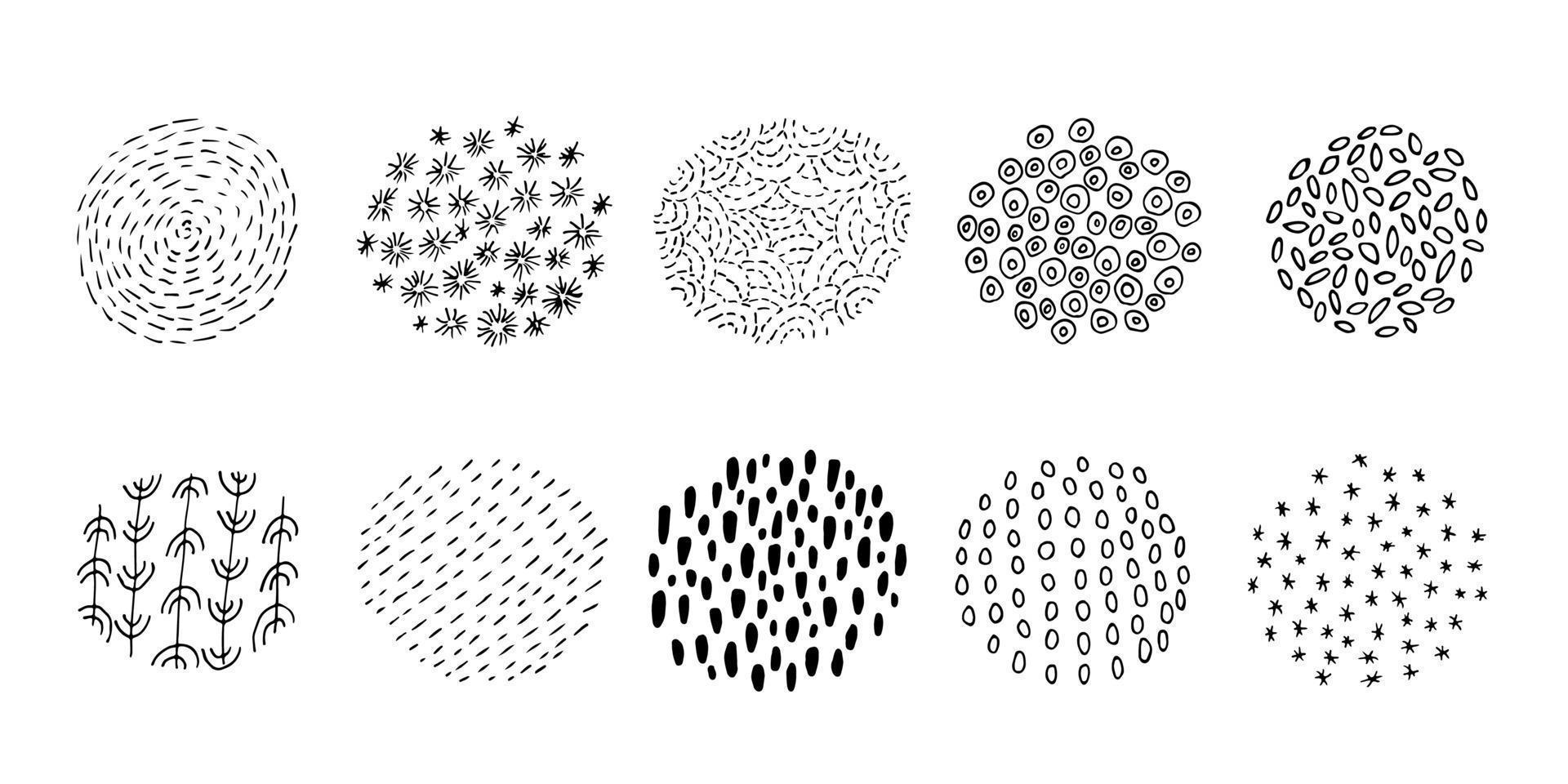 Set of round Abstract black Backgrounds or Patterns. Hand drawn doodle shapes. Spots, drops, curves, Lines. Contemporary modern trendy Vector illustration. Posters, Social media Icons templates