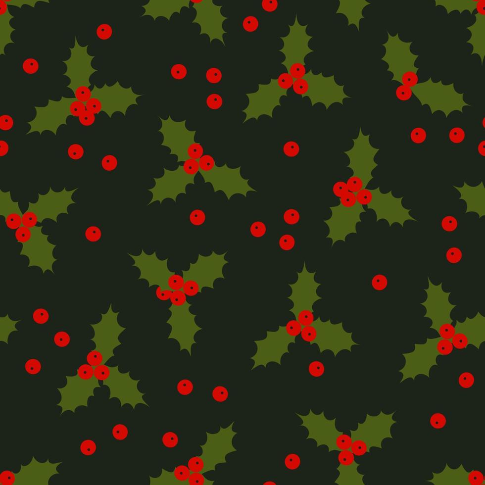 Seamless Christmas background with red and green holly flowers design. Vector illustration. EPS10