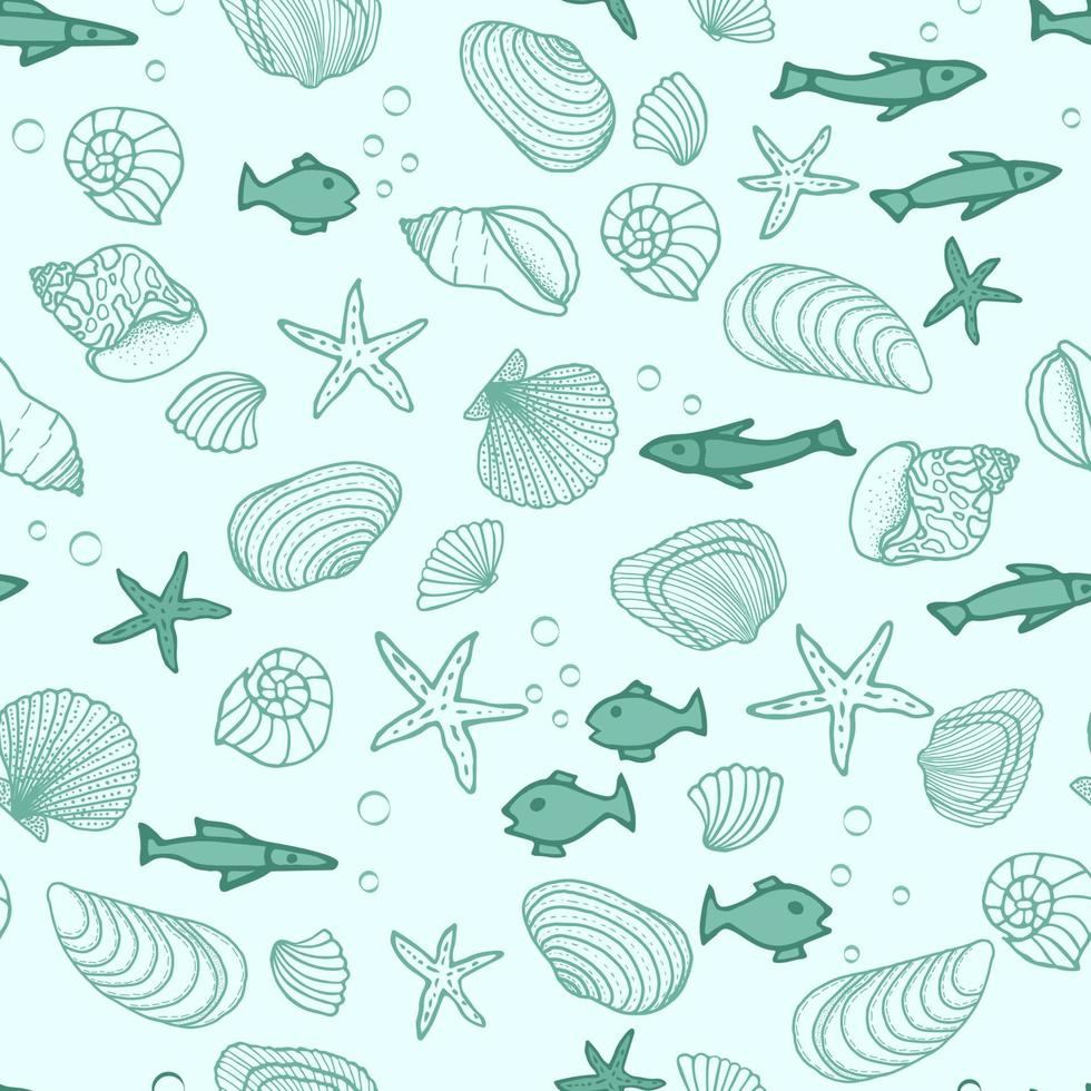 Seamless pattern with fish icons, shells, starfish on a blue background. Vector illustration