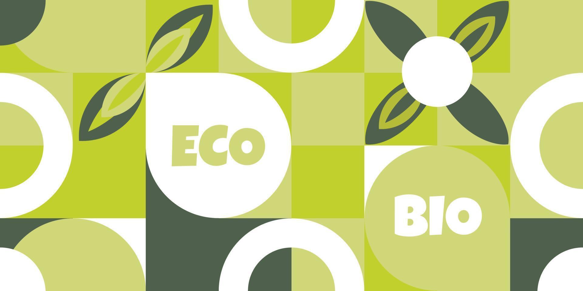 patrón transparente con hojas verdes, embalaje ecológico. bioetiqueta para proyectos sociales ecológicos, pancarta en estilo natural, mosaico de formas geométricas blancas. ilustración vectorial plana. vector
