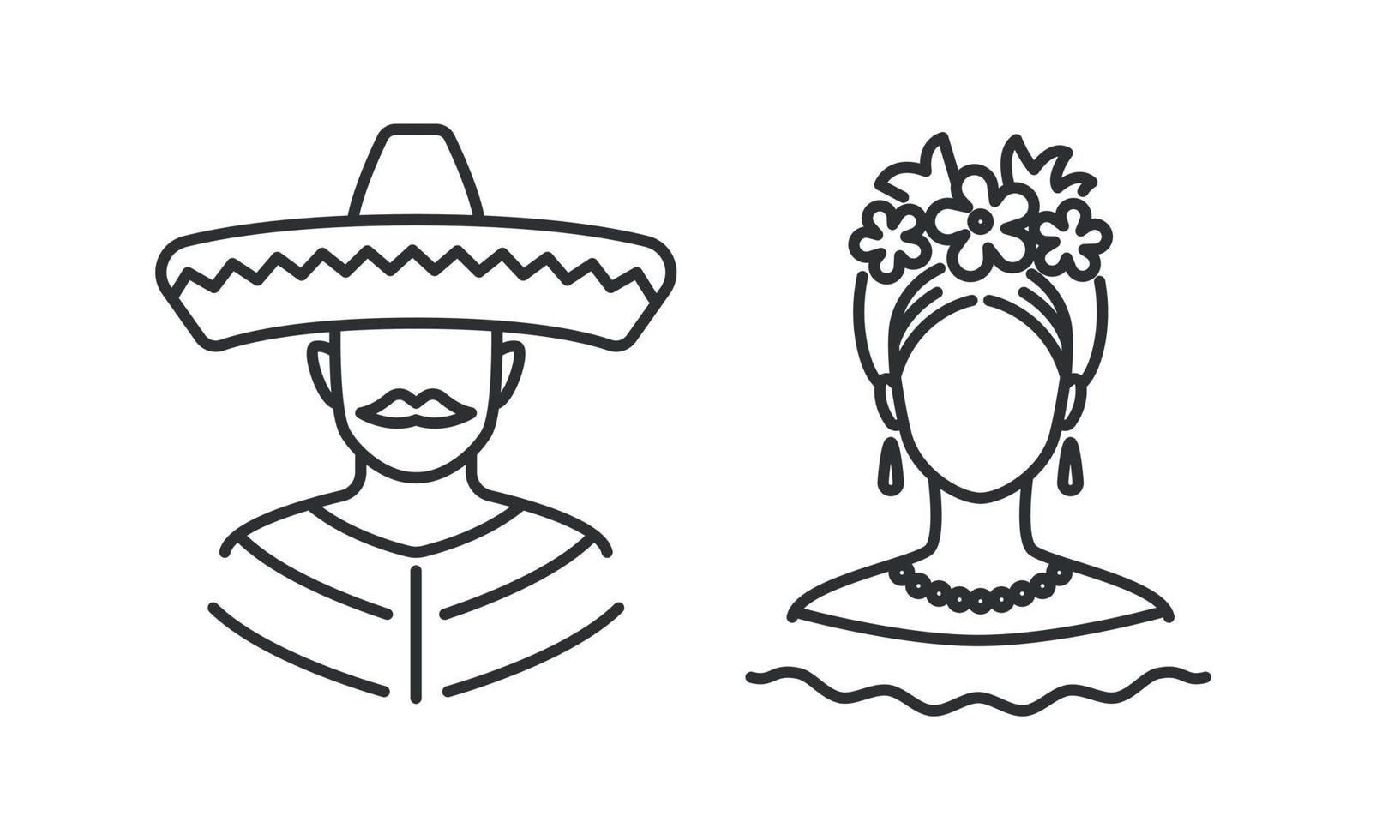 Mexican people, man and woman line icon set. Avatar. Vector illustration isolated on white background