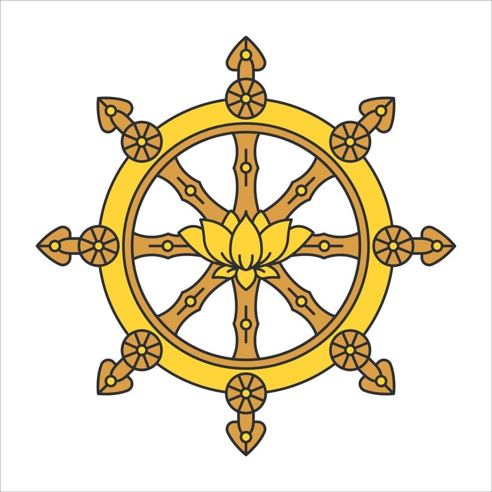 Golden Dharma wheel. Dharmachakra Buddhism sacred symbol. Isolated vector illustration