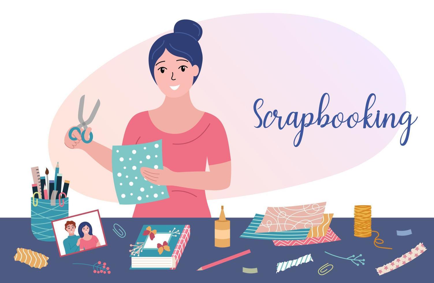 Scrapbooking banner. Woman with craft supplies. Scrapbook workshop. Handmade hobby decoration things. Smiling girl with scissors cutting craft paper and decorating photo album book at table vector