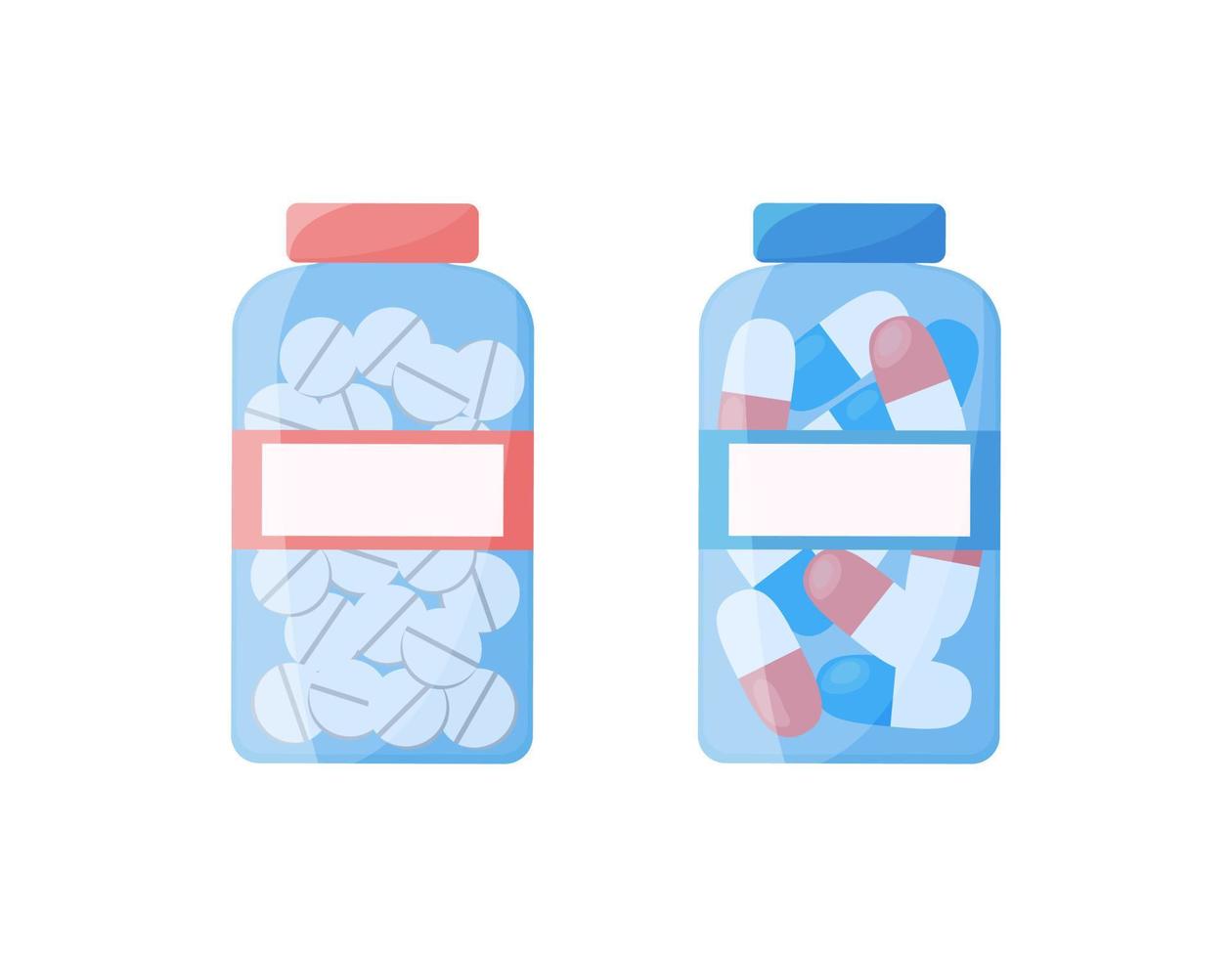 Pills bottles isolated. Vector flat illustration of medicines. Capsules, pills and medical tablets in transparent packaging. Pharmacy products on white background