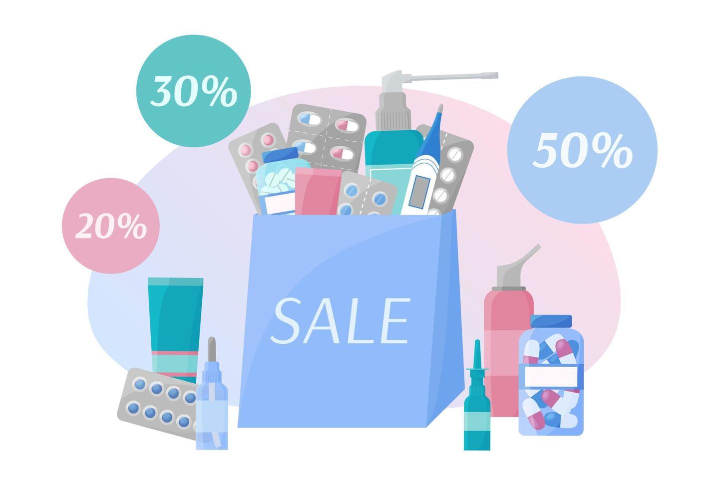 Pharmacy Sale vector banner.  Purchase of medicines concept. Pharmacy products in bag and discount percents. Set of piles, capsules, sprays. Flat illustration