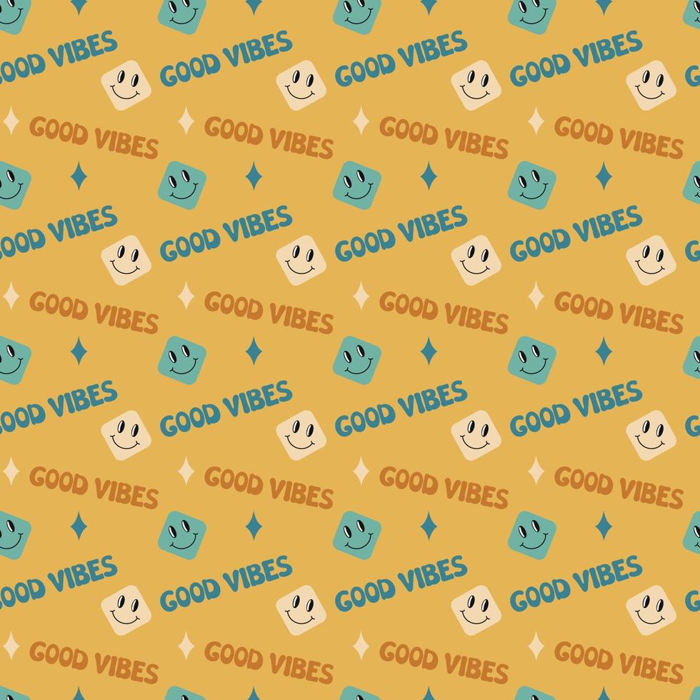Groovy pattern. Seamless retro 70s background with smiles and good vibes text. Vector illustration. Repeat trendy 60s vintage pattern