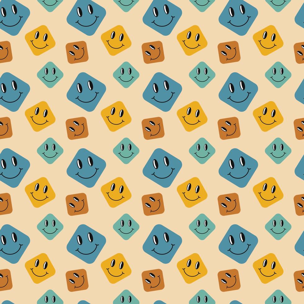 Groovy pattern. Seamless colorful retro background with smiles. Vector illustration. Repeat trendy vintage 70s pattern