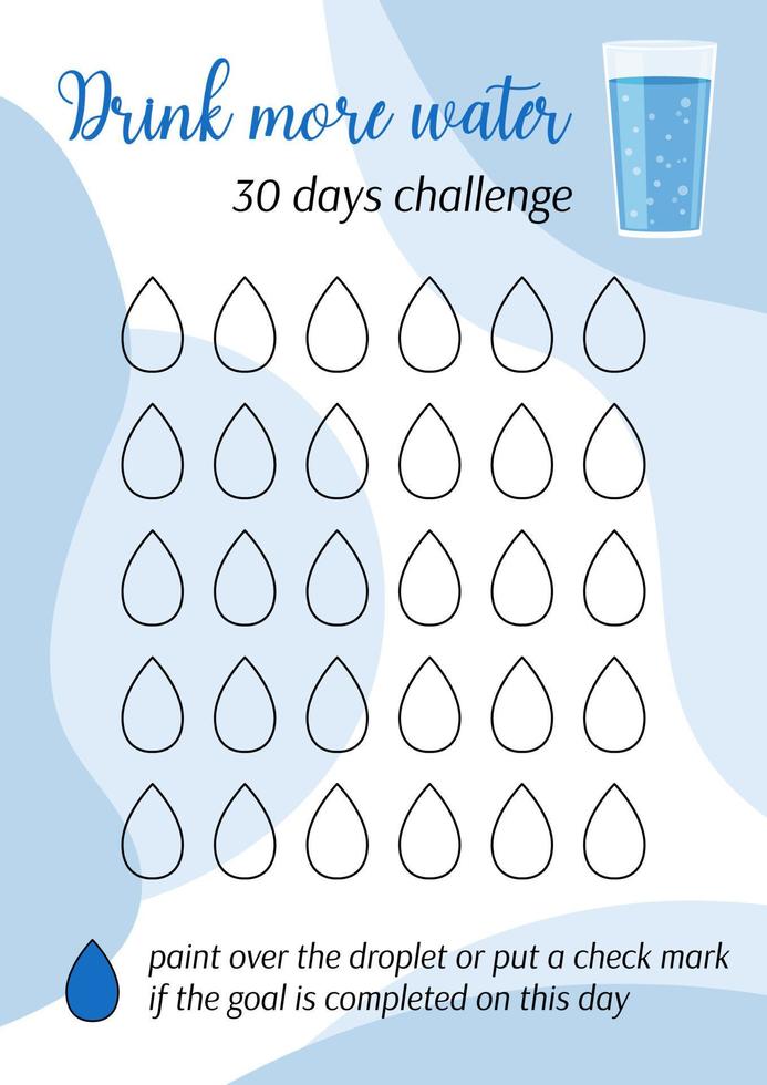 Drink water tracker. Personal 30 days challenge printable template. Habits tracker blank. Vertical page A4 A5. Vector illustration of paper sheet for marking success in month