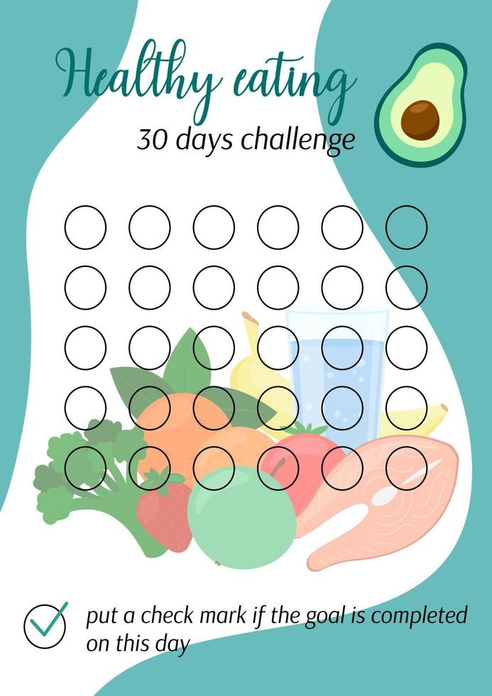 Healthy eating tracker. Nutrition personal 30 days challenge printable template. Healthy food diet habits tracker blank. Vector illustration of paper sheet for marking progress in month