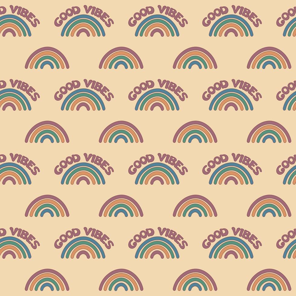 Groovy rainbows pattern. Good vibes concept. Seamless trendy retro background with smiles. Repeat vintage pattern. Vector illustration