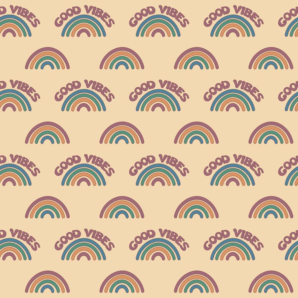 Groovy rainbows pattern. Good vibes concept. Seamless trendy retro background with smiles. Repeat vintage pattern. Vector illustration