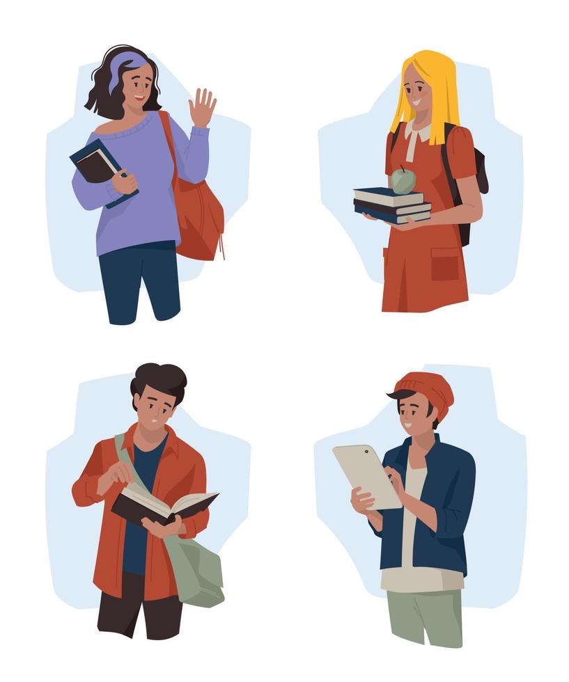 Students, schoolchildren, teenagers. Girl, guy with books and briefcase. Back to school. Vector image.