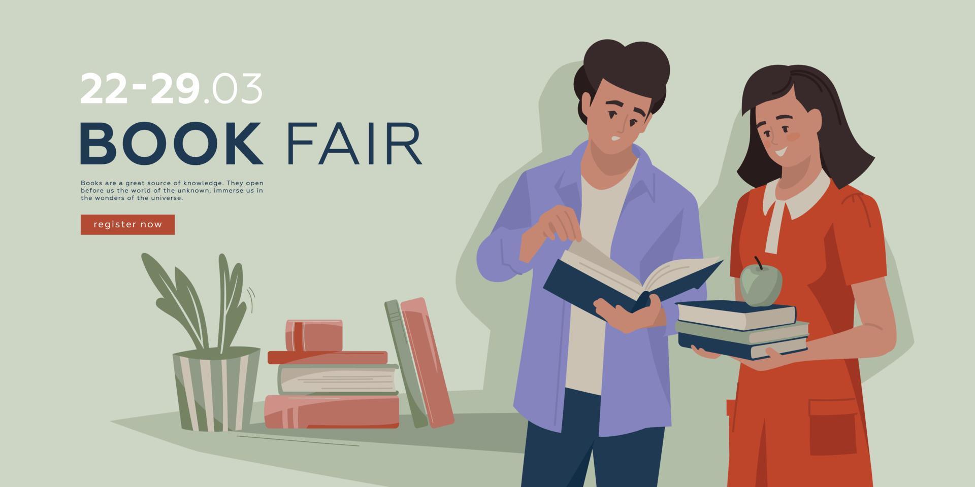 Guy and girl with books. Banner on the book theme. Love for reading. Vector image.