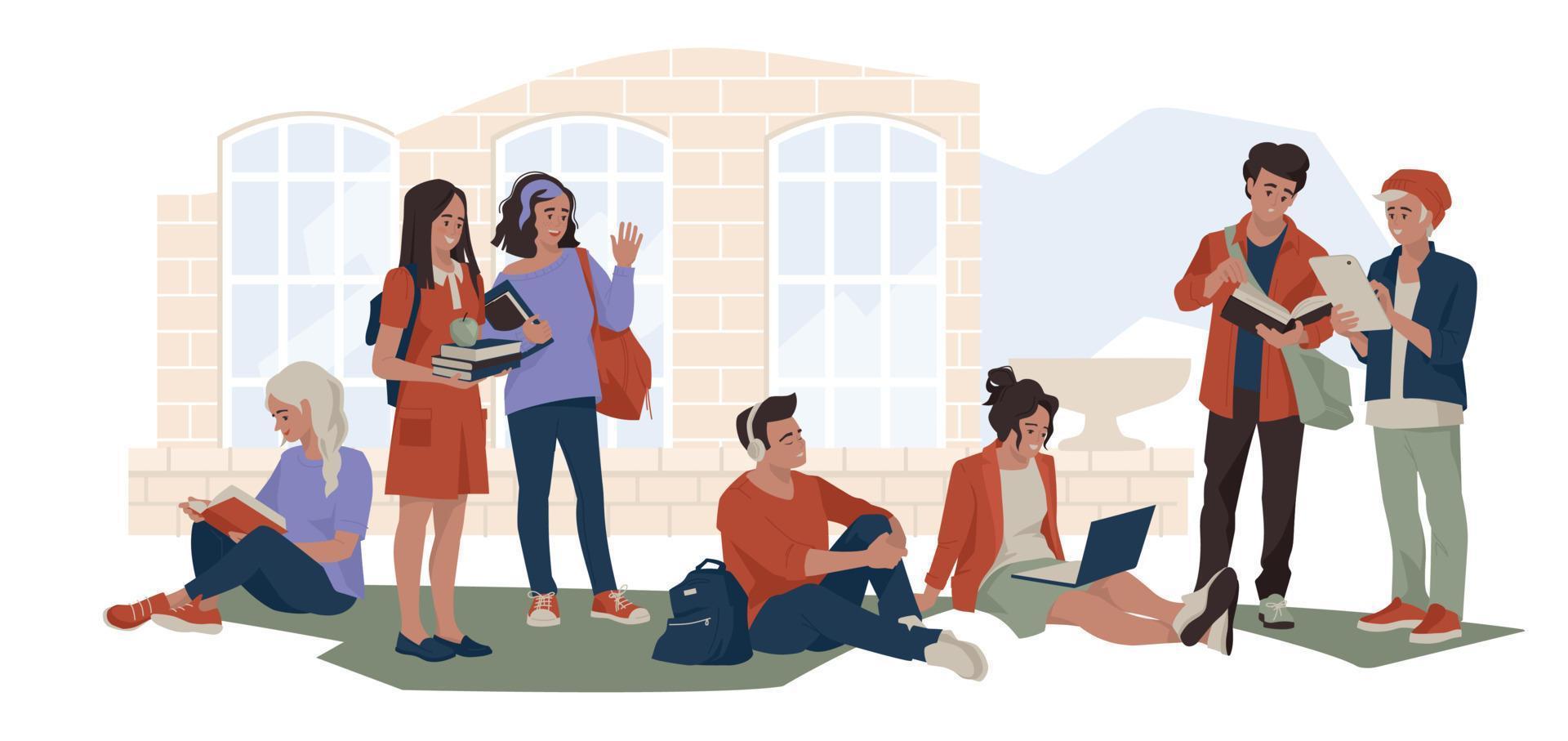 Student life. Schoolchildren and students rest in the courtyard of the campus. The girl is reading. Student with a laptop. The guy listens to music. Vector image.