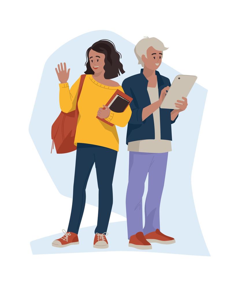 Students, schoolchildren, teenagers. The guy with the tablet. A girl with notebooks waves her hand in greeting. Back to school. Vector image.