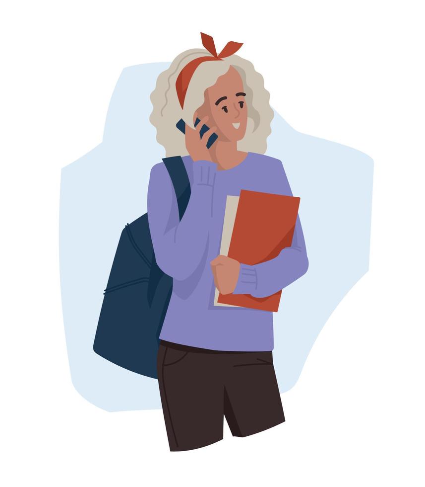 Students, schoolchildren, teenagers. A girl with notebooks is talking on the phone. Back to school. Vector image.