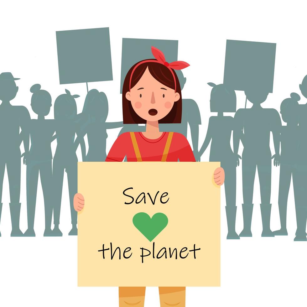 niña protesta por salvar el planeta, verde, con mucha gente en el fondo vector
