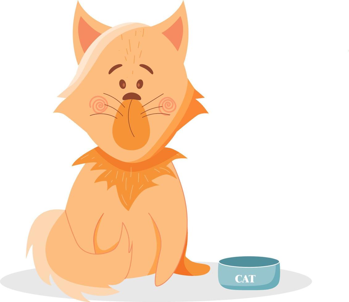 Cute cartoon ginger cat sitting near his plate waiting for food on white background vector