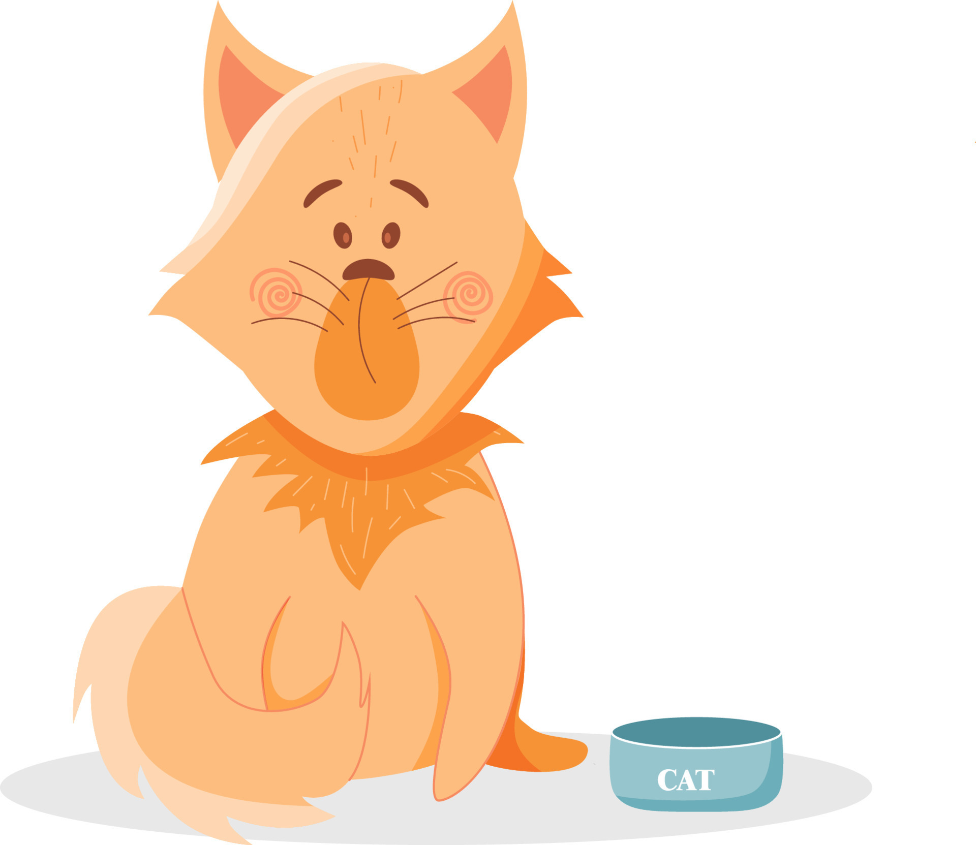 Cute cartoon ginger cat sitting near his plate waiting for food on