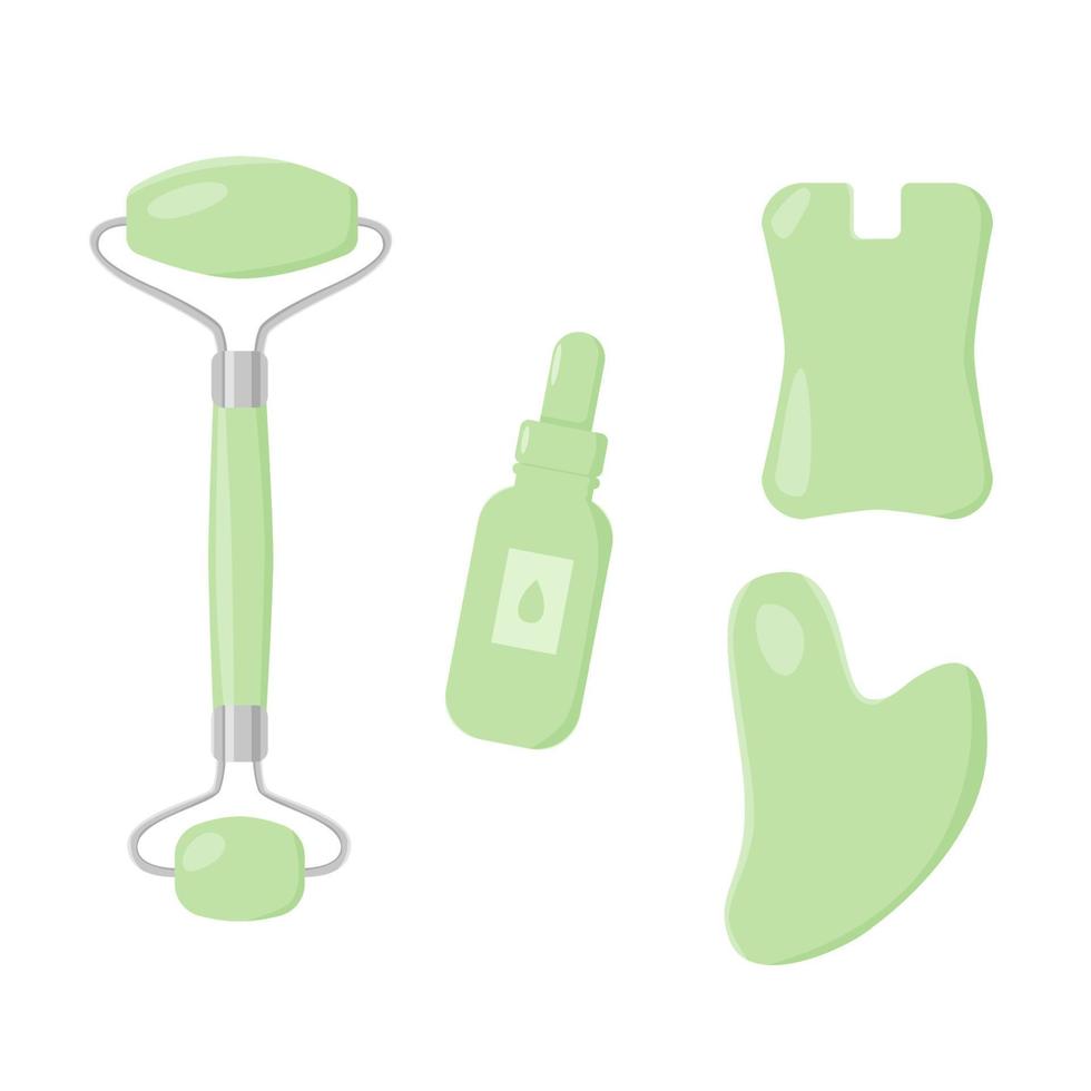 GuaSha cosmetic tools for skin with face oil, rollers vector