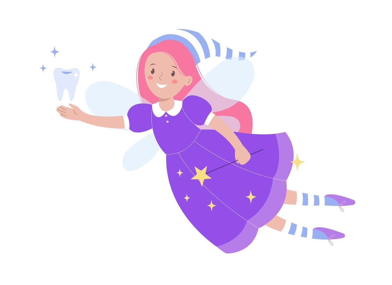 Cute tooth fairy with magic wand and tooth vector