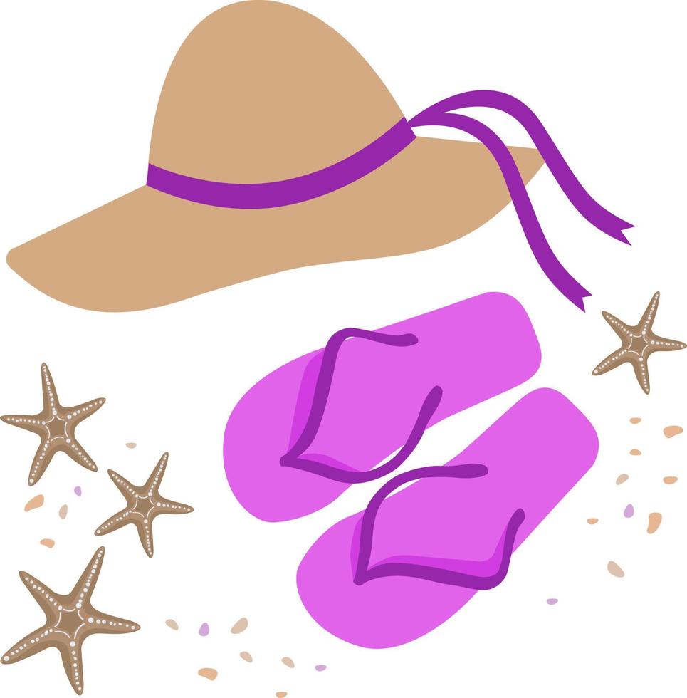 Vector illustration of a summer beach collection. Flip-flops, a hat and a starfish. Cute holiday pictures. Travel on the background of rest. Hand-drawn design elements. Holiday card, web design.