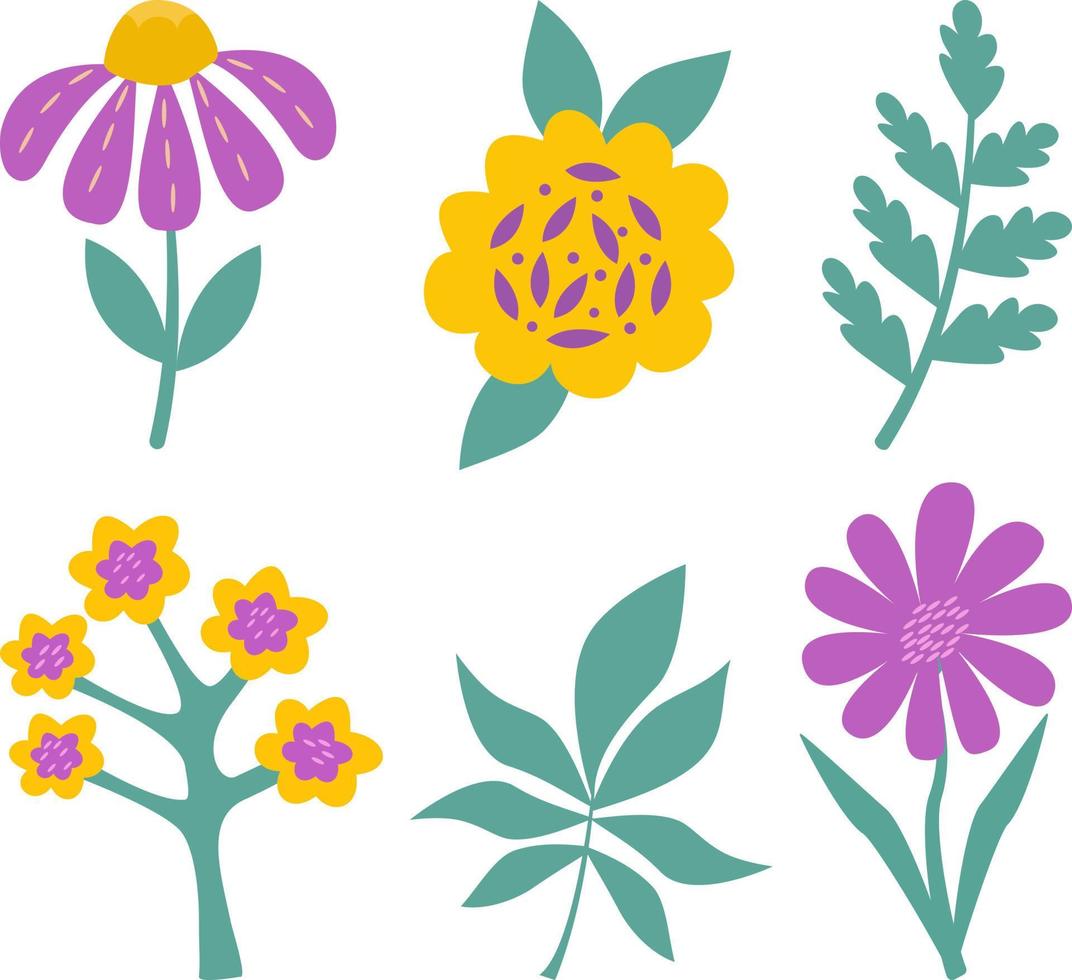 A set of stylized colors highlighted on a white background. Vector flowers in cartoon style, for greetings, weddings, flower design, web design.